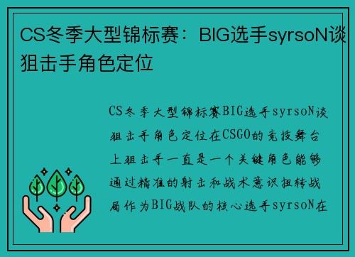 CS冬季大型锦标赛：BIG选手syrsoN谈狙击手角色定位